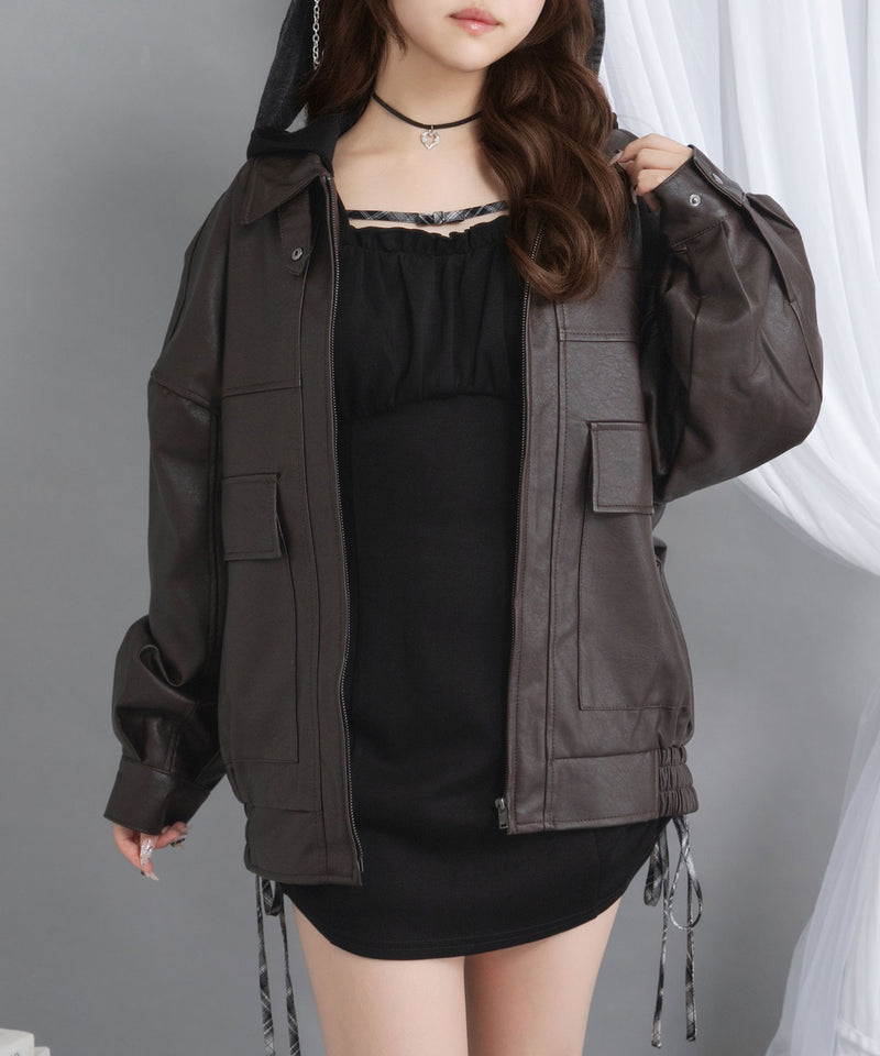 裾ドロストオーバーサイズ合皮ブルゾン【ジャケット】【コート】