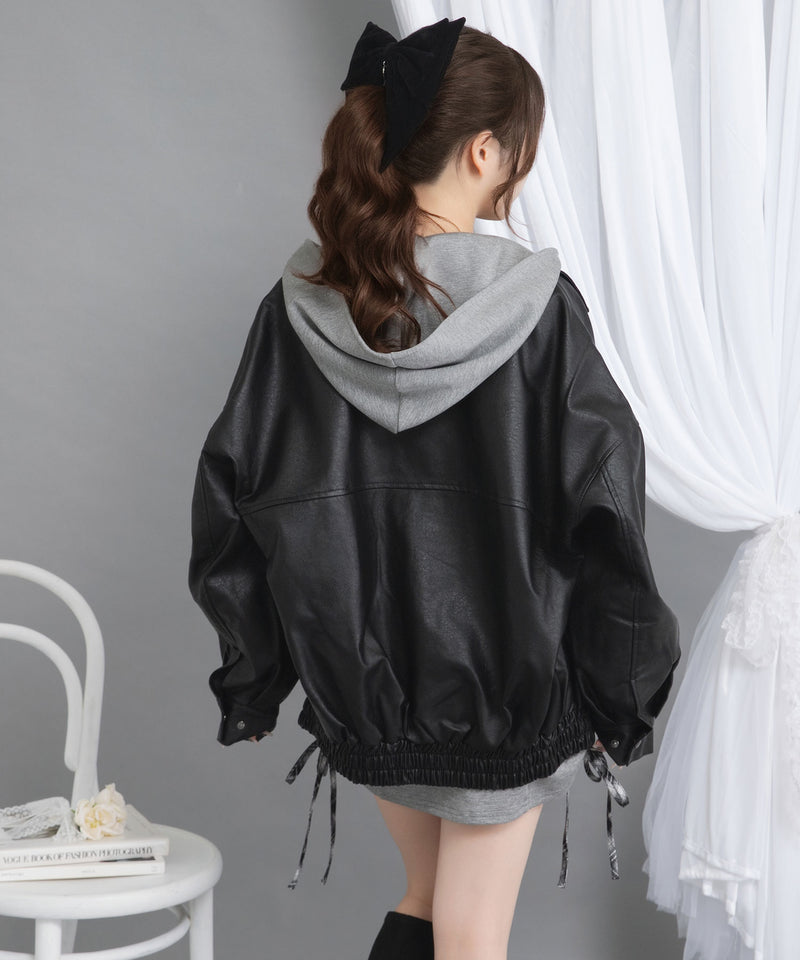 裾ドロストオーバーサイズ合皮ブルゾン【ジャケット】【コート】