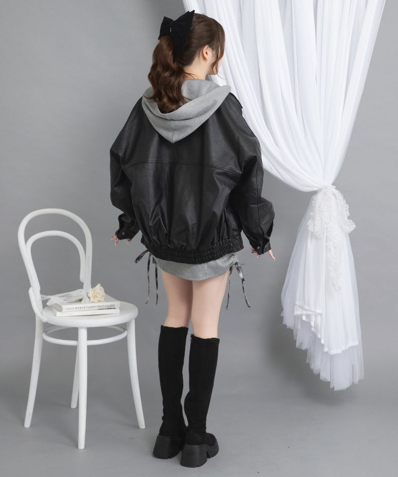 裾ドロストオーバーサイズ合皮ブルゾン【ジャケット】【コート】