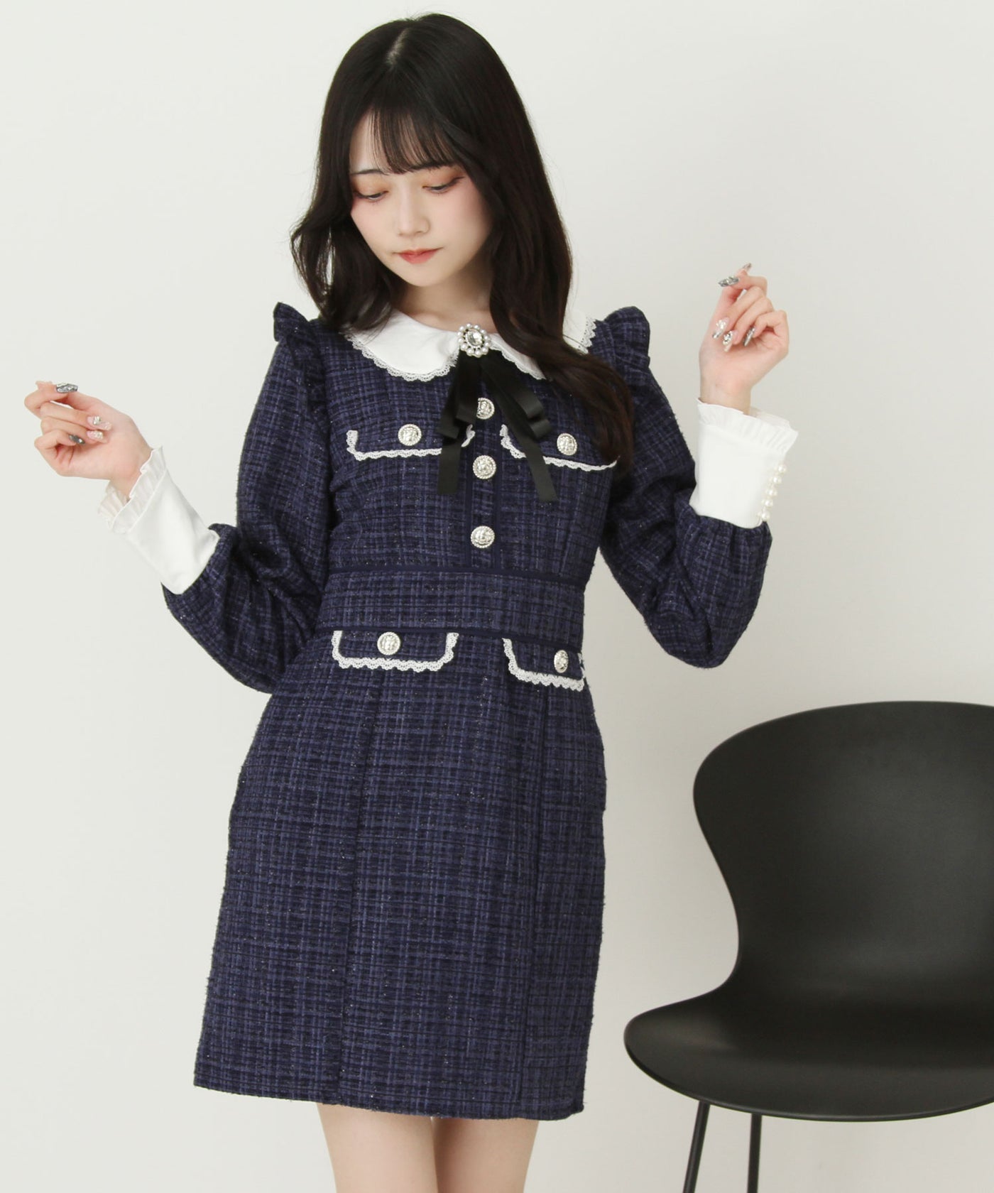 夢展望 DearMyLove ラメツイードリボンタイトワンピース ネイビー ラメツイードリボンタイトワンピース – レディースファッション通販の