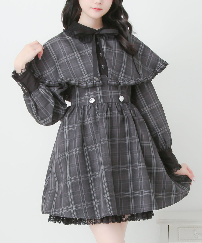 グレーチェック×ブラックの2WAYケープお嬢様ワンピース