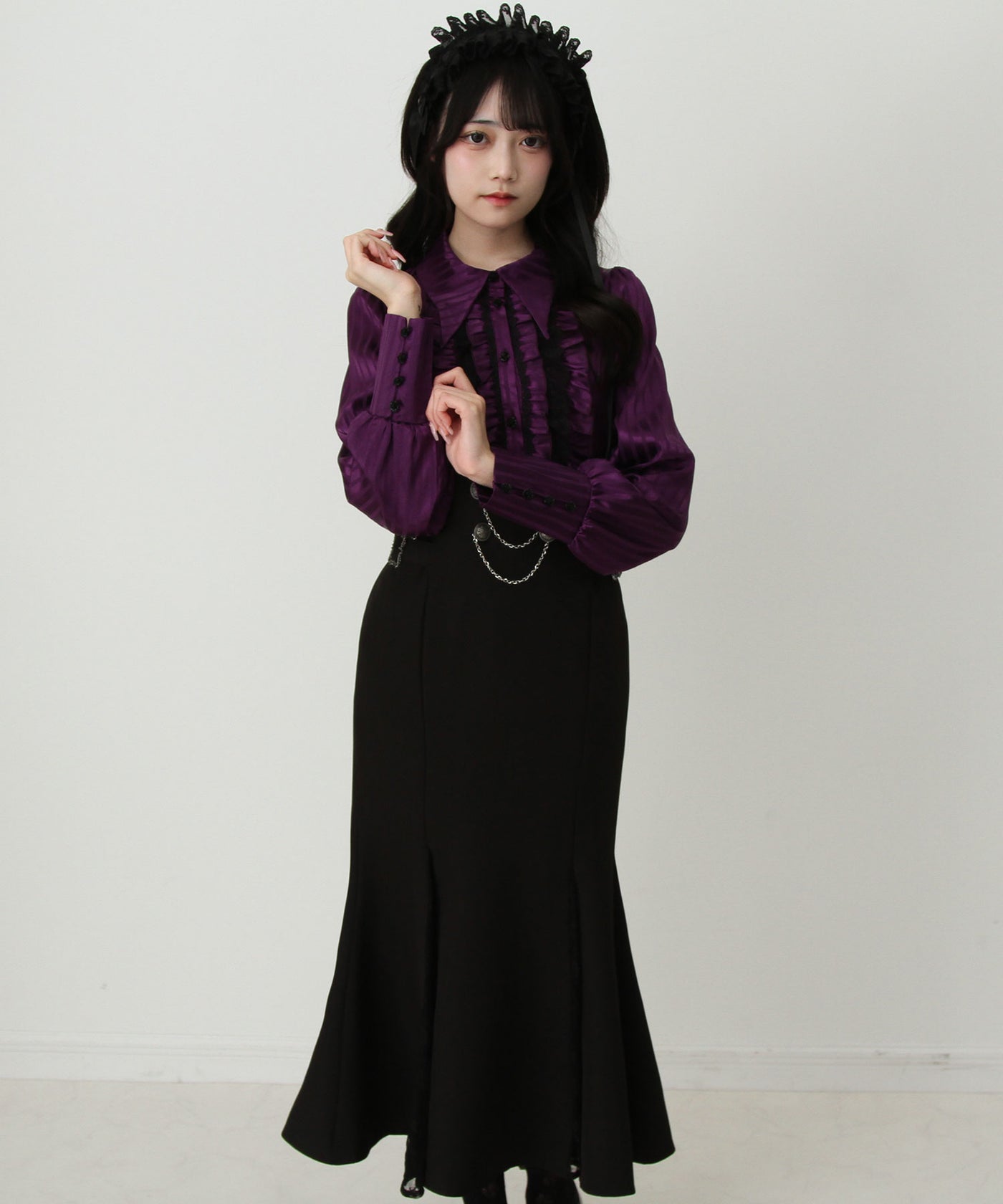 ゴシック風レースフリルマーメイドレースアップロングワンピース