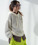 透かし編みフーディーメッシュプルオーバーニット