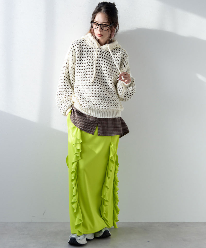 透かし編みフーディーメッシュプルオーバーニット