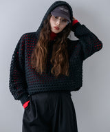 透かし編みフーディーメッシュプルオーバーニット