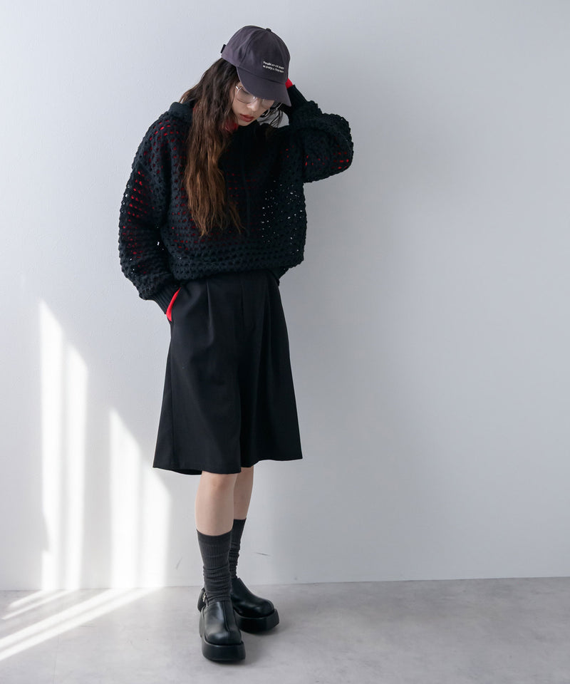 透かし編みフーディーメッシュプルオーバーニット