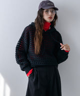 透かし編みフーディーメッシュプルオーバーニット