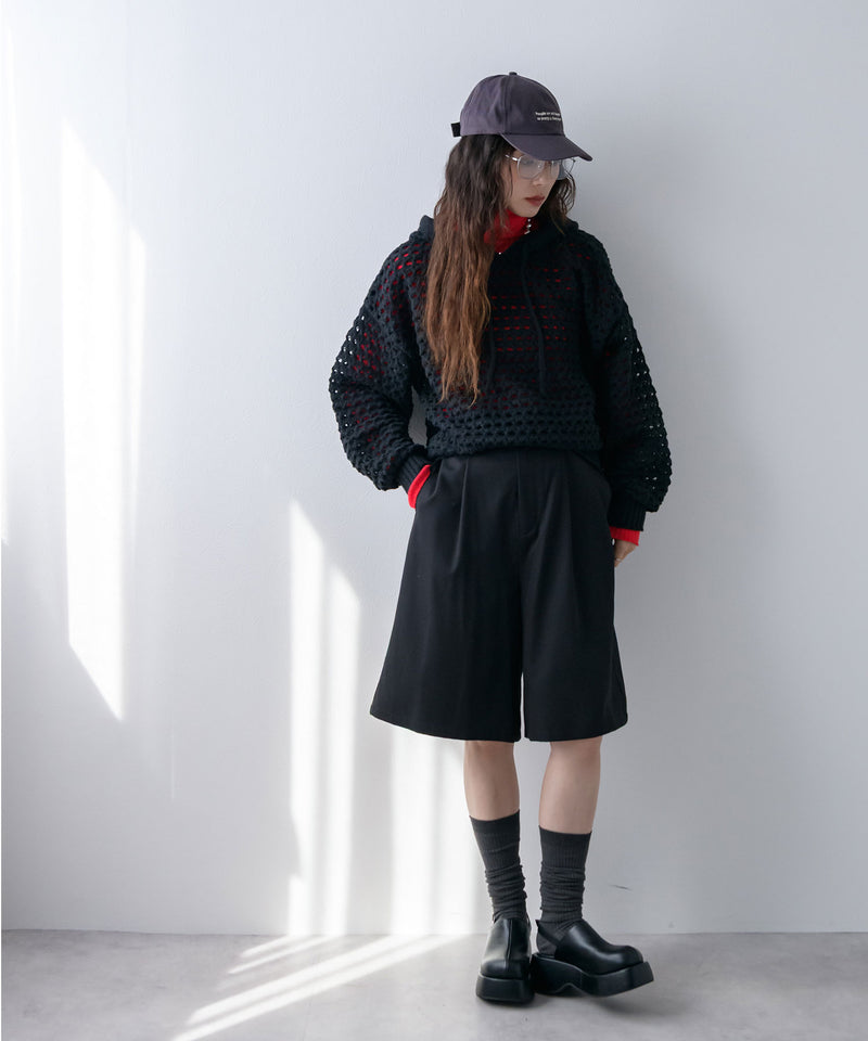 透かし編みフーディーメッシュプルオーバーニット