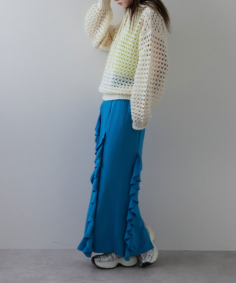 透かし編みフーディーメッシュプルオーバーニット