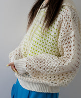 透かし編みフーディーメッシュプルオーバーニット