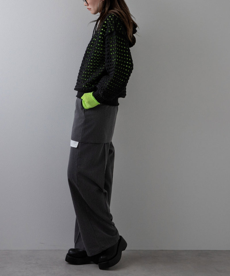 透かし編みフーディーメッシュプルオーバーニット