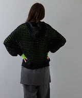 透かし編みフーディーメッシュプルオーバーニット