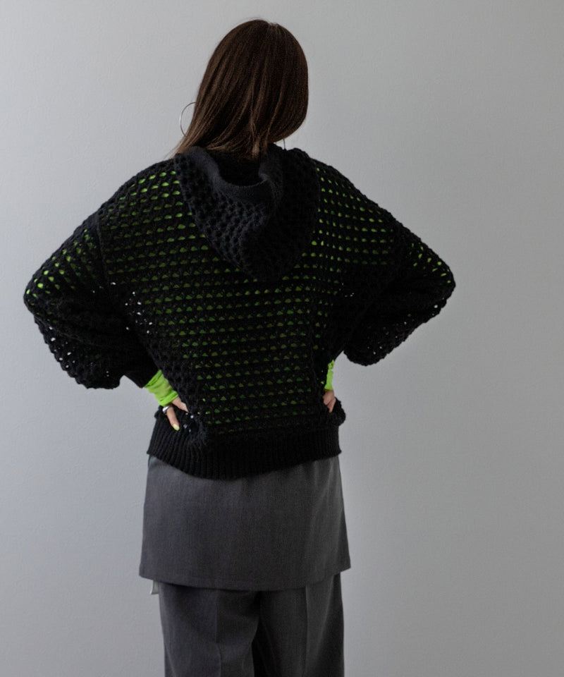 透かし編みフーディーメッシュプルオーバーニット