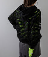 透かし編みフーディーメッシュプルオーバーニット