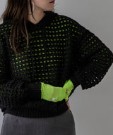 透かし編みフーディーメッシュプルオーバーニット