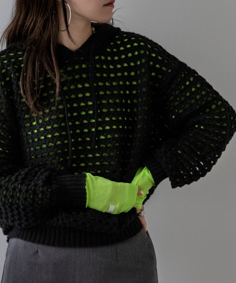 透かし編みフーディーメッシュプルオーバーニット