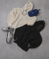 透かし編みフーディーメッシュプルオーバーニット