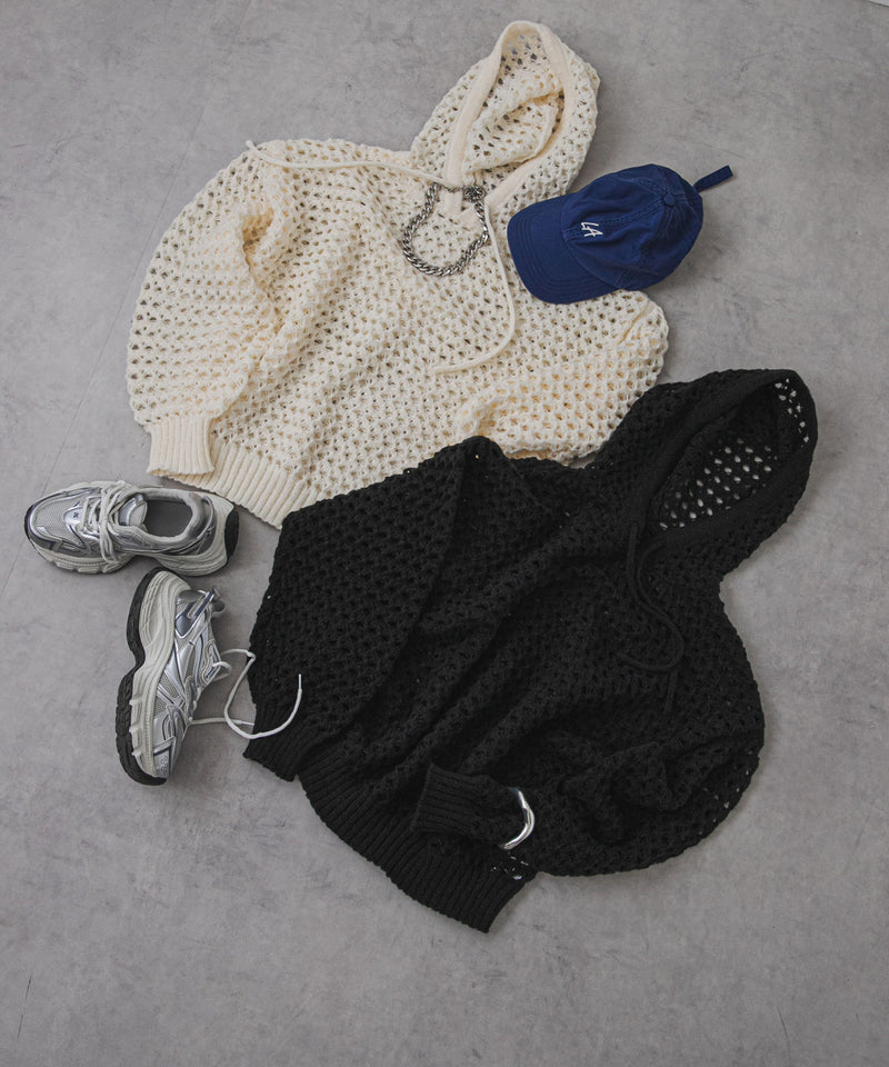 透かし編みフーディーメッシュプルオーバーニット