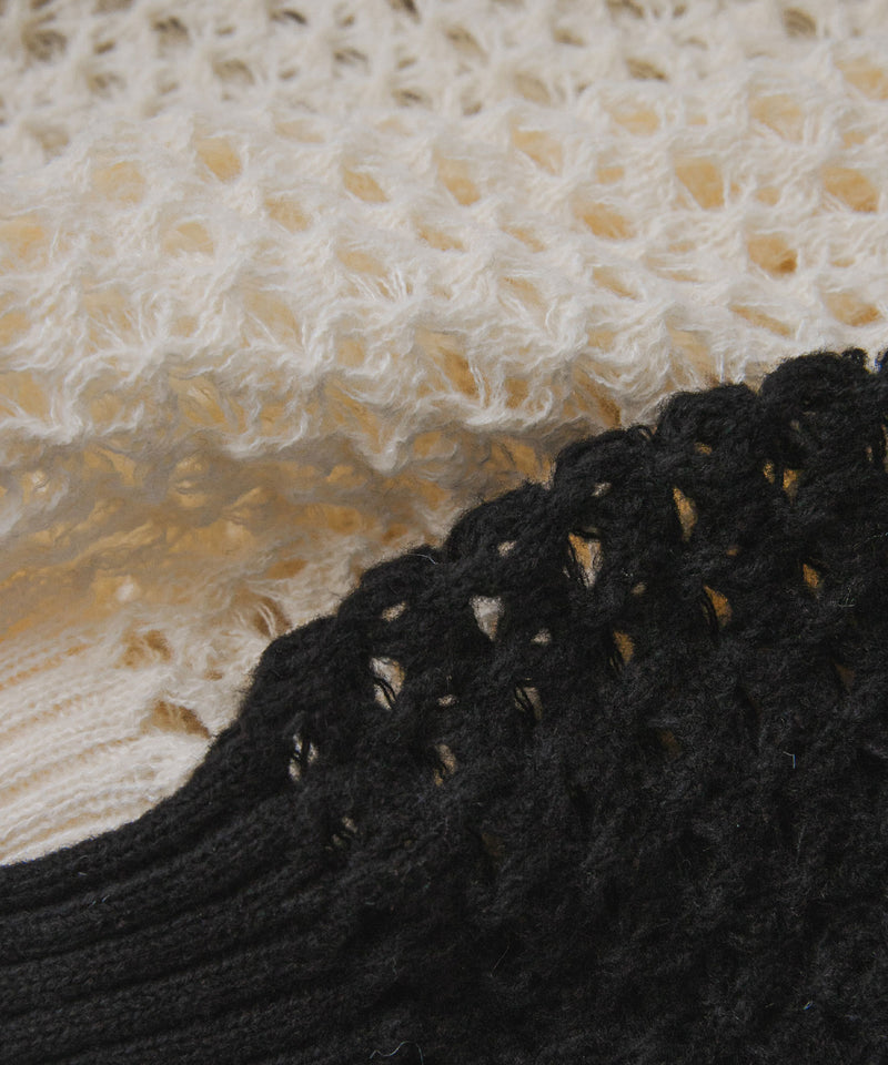 透かし編みフーディーメッシュプルオーバーニット