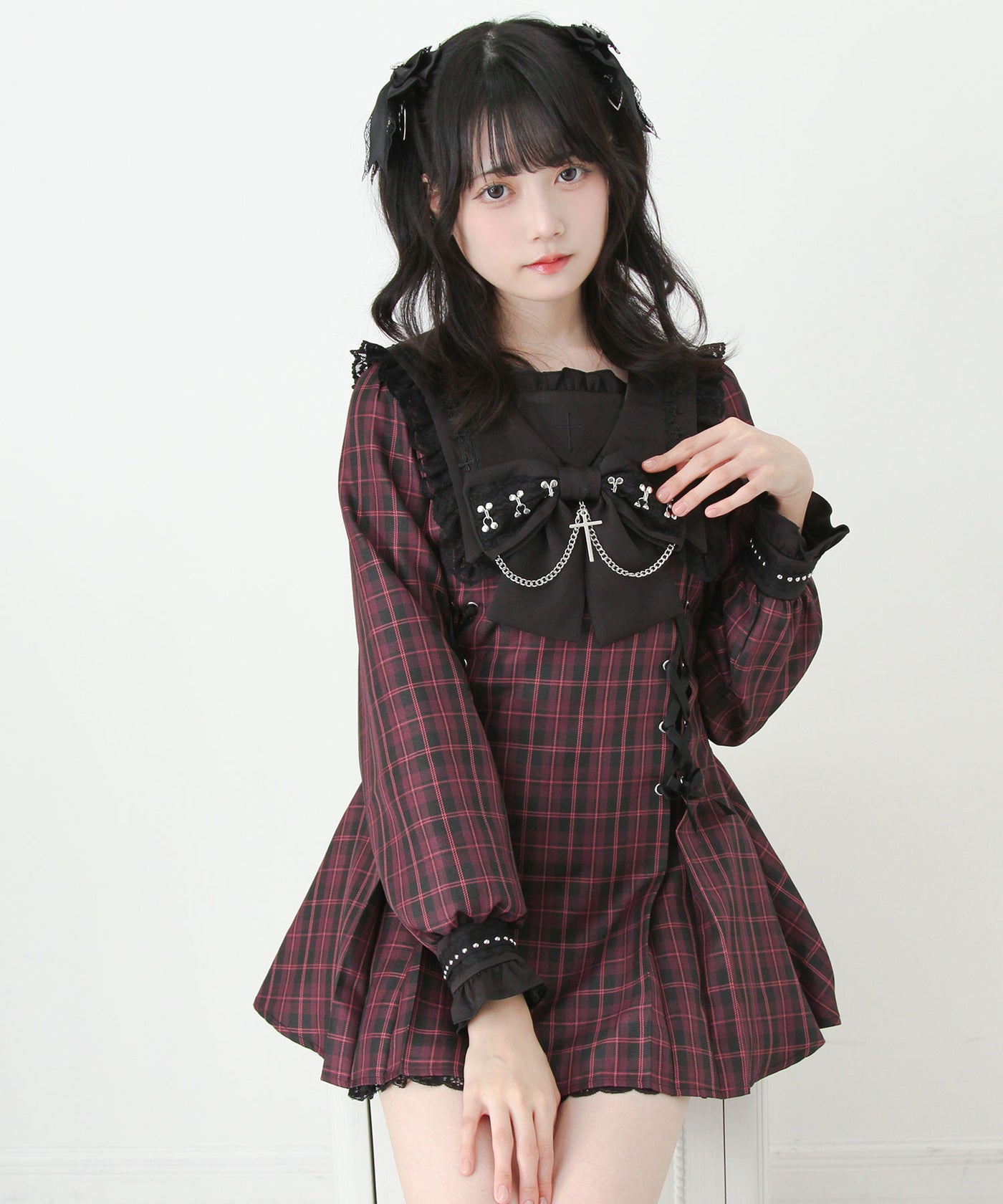 十字架クロススタッズチェーンレースアップフリルセーラーワンピース