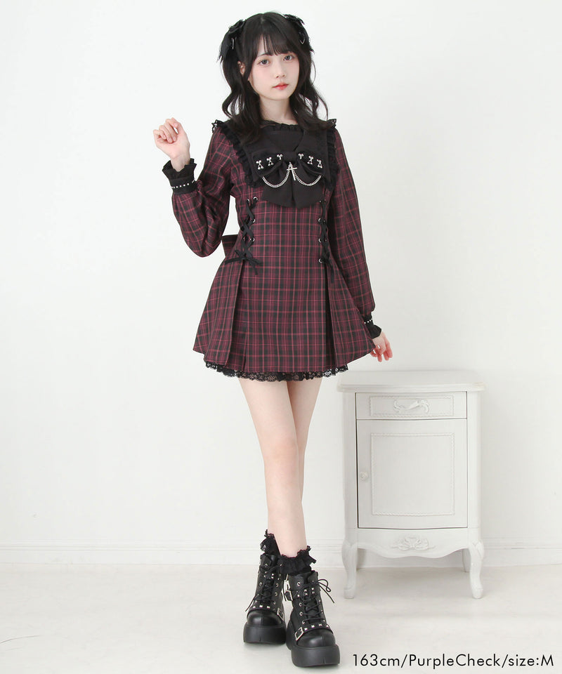 【予約　11/21発送】十字架クロススタッズチェーンレースアップフリルセーラーワンピース