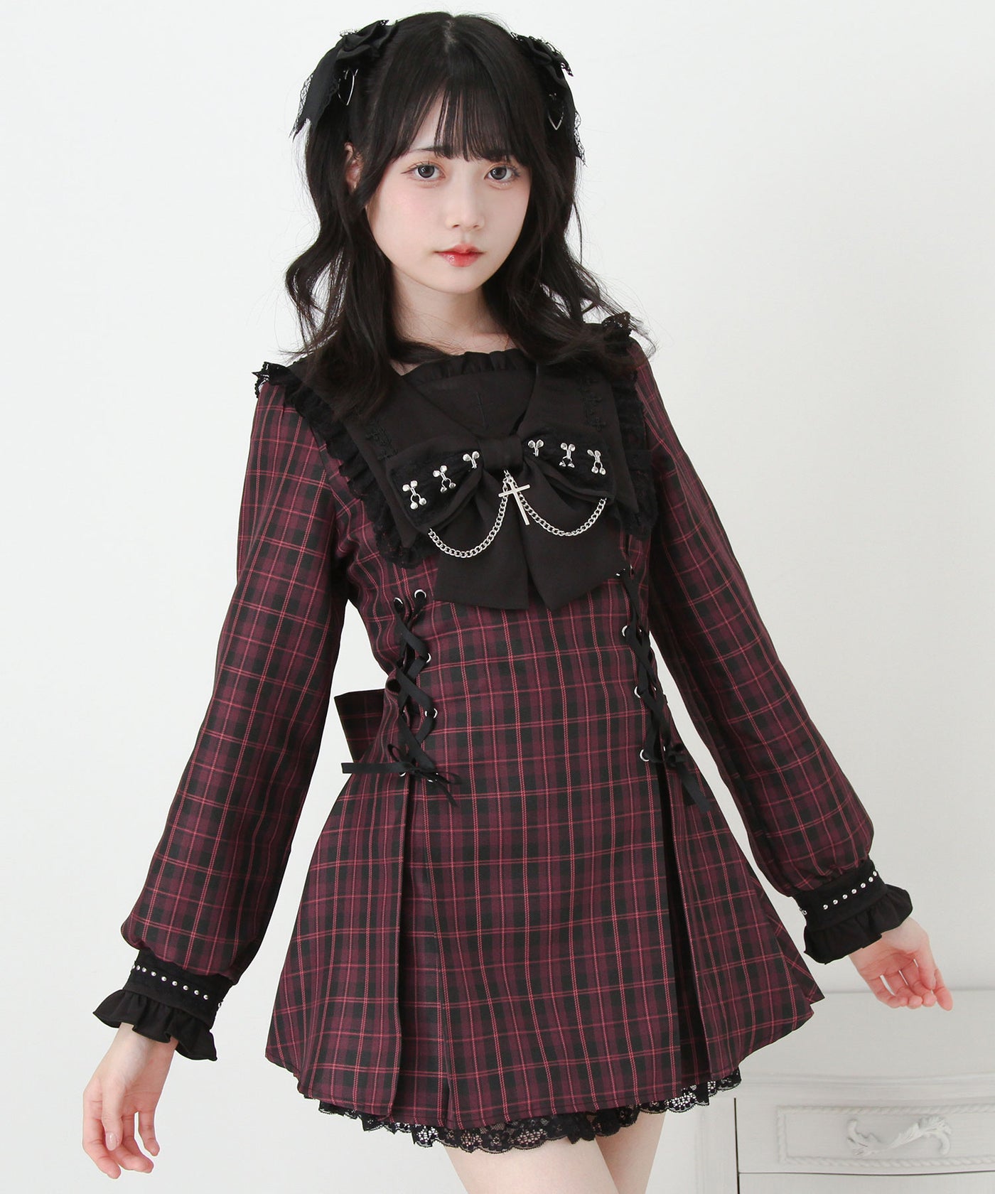十字架クロススタッズチェーンレースアップフリルセーラーワンピース