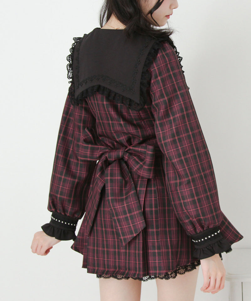 【予約　11/21発送】十字架クロススタッズチェーンレースアップフリルセーラーワンピース