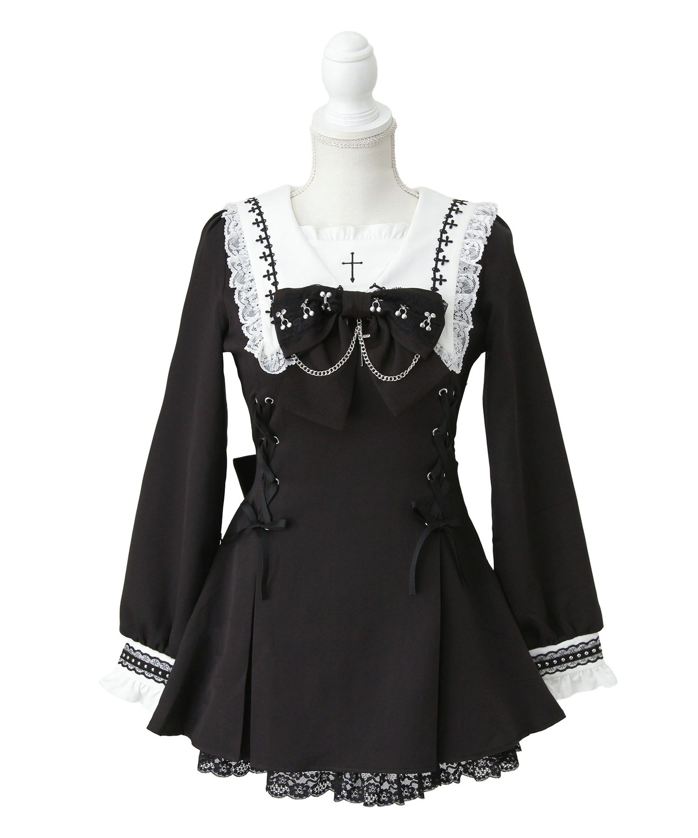 夢展望 十字架クロススタッズチェーンレースアップフリルセーラーワンピース 十字架クロススタッズチェーンレースアップフリルセーラーワンピース