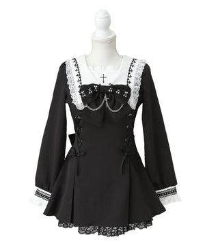 十字架クロススタッズチェーンレースアップフリルセーラーワンピース
