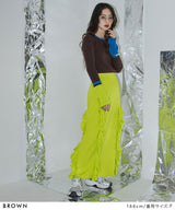 フレア袖配色プルオーバーニット