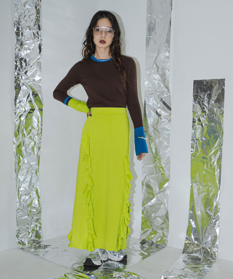 フレア袖配色プルオーバーニット