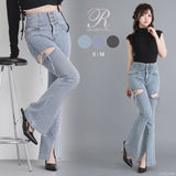 スリット入りカットアウトリボンフレアデニムパンツ