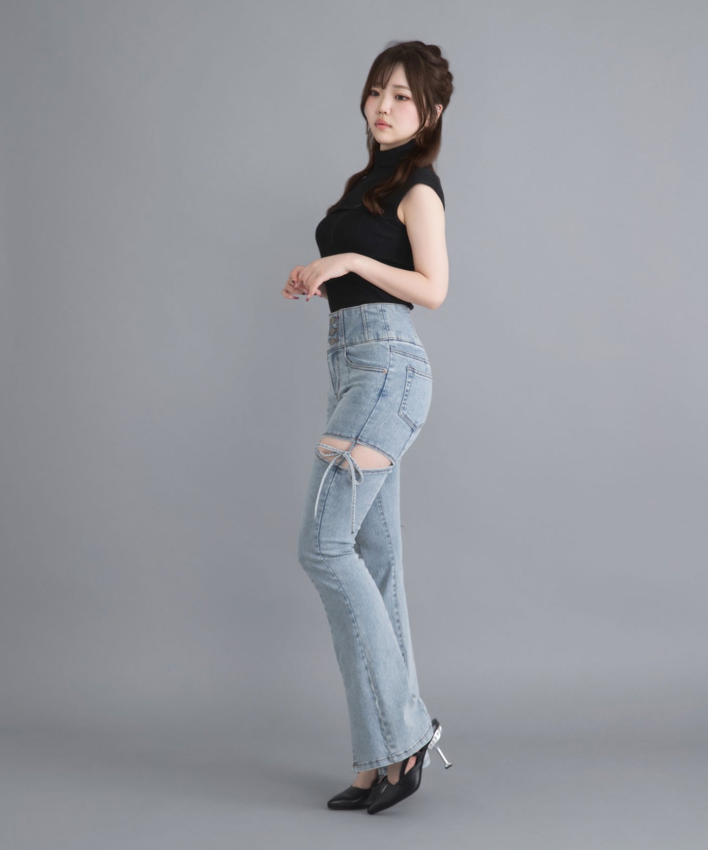 カットアウトリボンデニムパンツ　ライトブルー LAYER（PORTER） SECOND LAYER セカンドレイヤー Destroyed