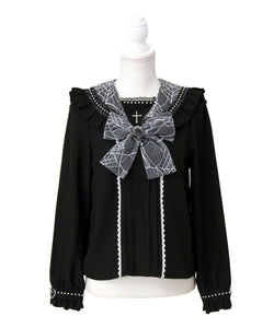 十字架クモレースセーラーフリル長袖ブラウス