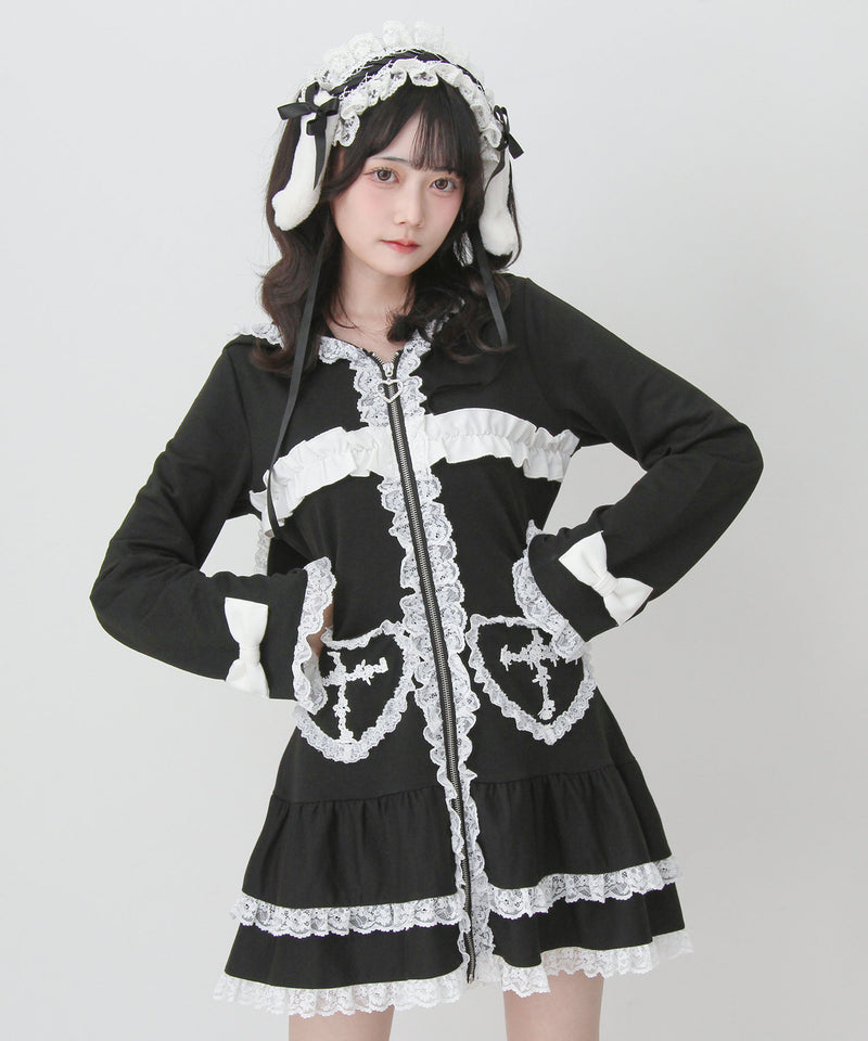 dear my love 夢展望 うさ耳 パーカー フリル　姫ギャル　ミニワンピ 姫系うさ耳レースフリルハートポケットパーカーワンピース