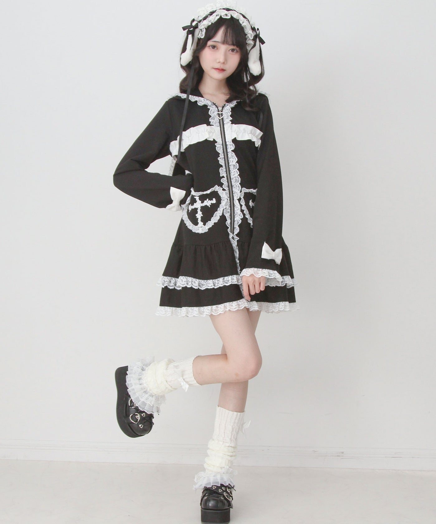 姫系うさ耳レースフリルハートポケットパーカーワンピース