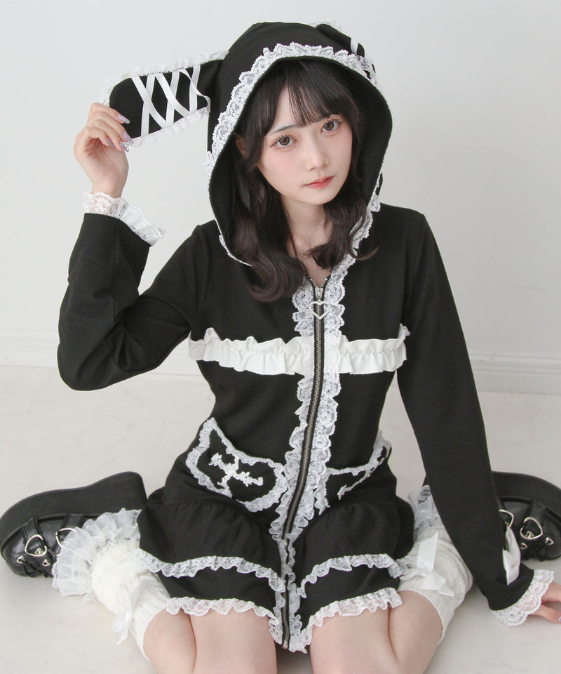 姫系うさ耳レースフリルハートポケットパーカーワンピース