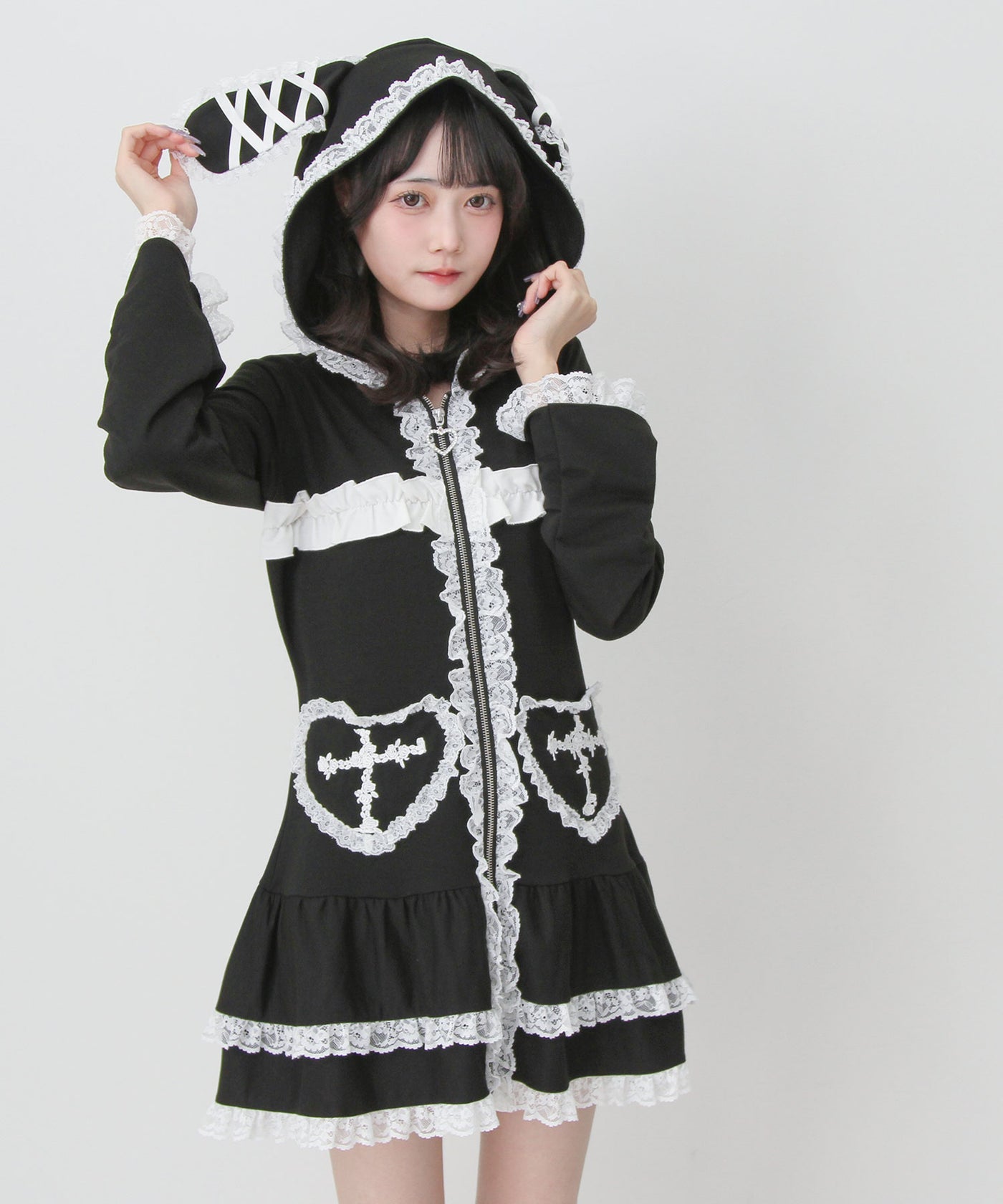 姫系うさ耳レースフリルハートポケットパーカーワンピース