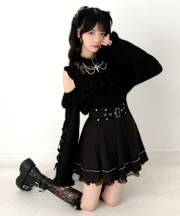 【予約　12/19発送】十字架チョーカー風チェーンレースフリルオフショルダーニットトップス