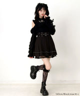 【予約　12/19発送】十字架チョーカー風チェーンレースフリルオフショルダーニットトップス