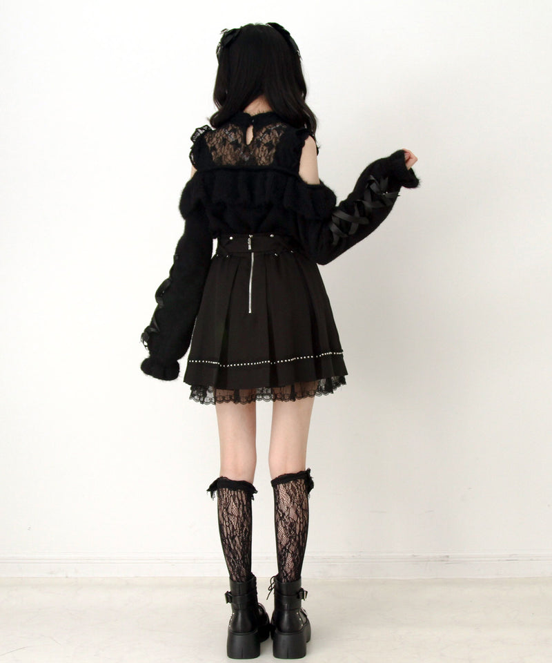 【予約　12/19発送】十字架チョーカー風チェーンレースフリルオフショルダーニットトップス