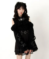 【予約　12/19発送】十字架チョーカー風チェーンレースフリルオフショルダーニットトップス