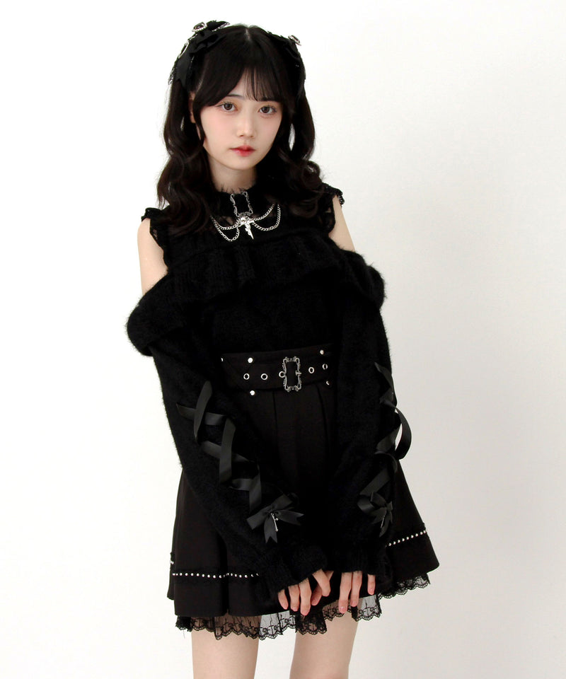 【予約　12/19発送】十字架チョーカー風チェーンレースフリルオフショルダーニットトップス