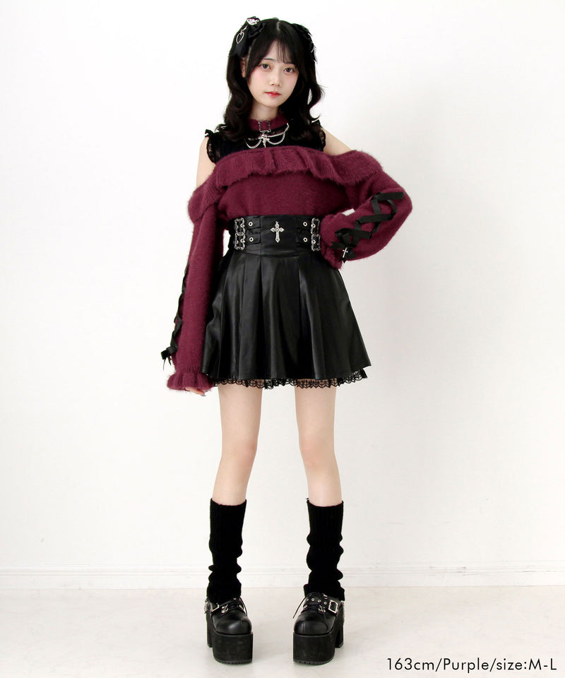 【予約　12/19発送】十字架チョーカー風チェーンレースフリルオフショルダーニットトップス