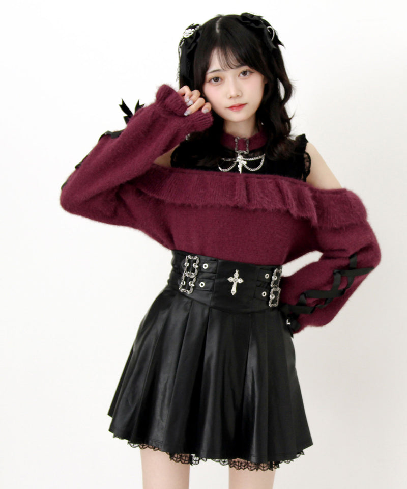 【予約　12/19発送】十字架チョーカー風チェーンレースフリルオフショルダーニットトップス