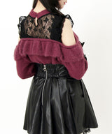 【予約　12/19発送】十字架チョーカー風チェーンレースフリルオフショルダーニットトップス