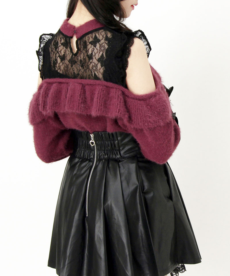 【予約　12/19発送】十字架チョーカー風チェーンレースフリルオフショルダーニットトップス