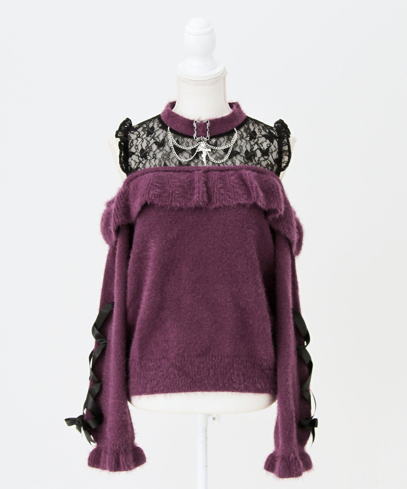 今週まで ディアマイラブ 十字架チョーカー風フリルオフショルダーニット 十字架チョーカー風チェーンレースフリルオフショルダーニットトップス