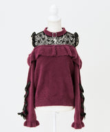 【予約　12/19発送】十字架チョーカー風チェーンレースフリルオフショルダーニットトップス