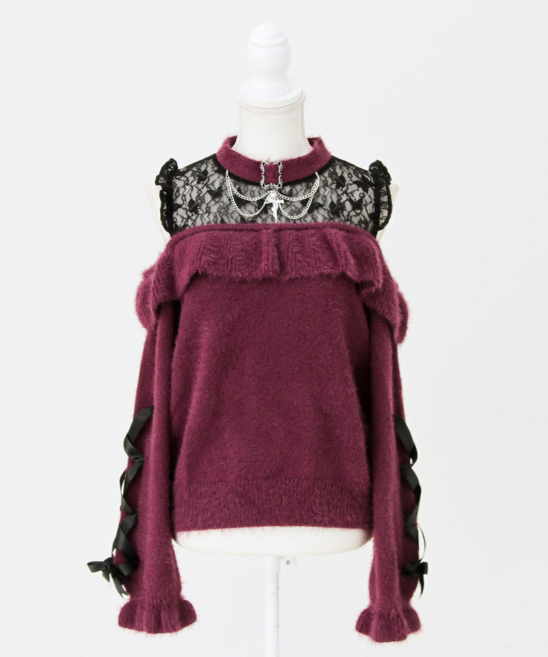 【予約　12/19発送】十字架チョーカー風チェーンレースフリルオフショルダーニットトップス